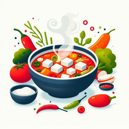 Vegetable soup with tofu in a bowl, vector illustration.のイラスト素材