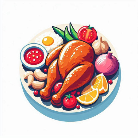 Vector illustration of roasted chicken with vegetables and sauce on a white backgroundのイラスト素材