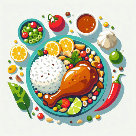 Rice with chicken and vegetables on a plate. Vector illustration.のイラスト素材
