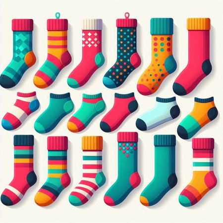 Set of colorful socks with different patterns. Vector illustration in flat styleのイラスト素材