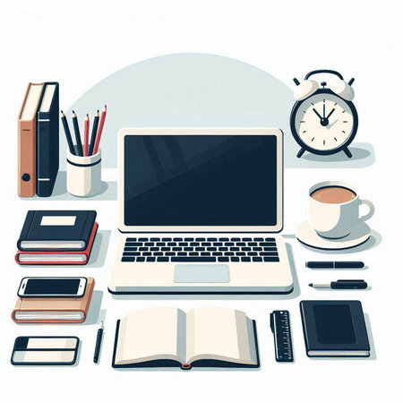Flat design vector illustration. Workplace with laptop, coffee cup, books and stationery.のイラスト素材
