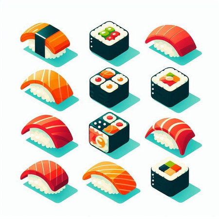 Sushi icons set in isometric 3d style on white backgroundのイラスト素材