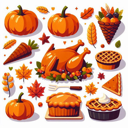 Thanksgiving set of cartoon icons with turkey and pumpkin pie, autumn leaves and berries isolated vector illustrationのイラスト素材