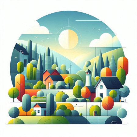 Vector illustration of a rural landscape with a village in a flat style.のイラスト素材