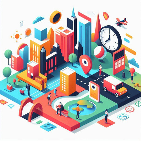 Isometric city map with buildings, road and people. Vector illustrationのイラスト素材