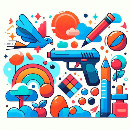 Vector illustration of a flat line art design of a gun and a set of different elementsのイラスト素材