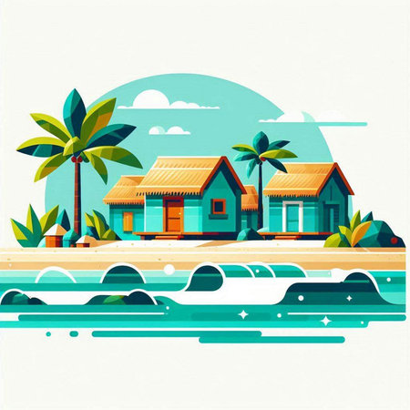 Tropical island with palm trees and bungalows. Vector illustration.のイラスト素材