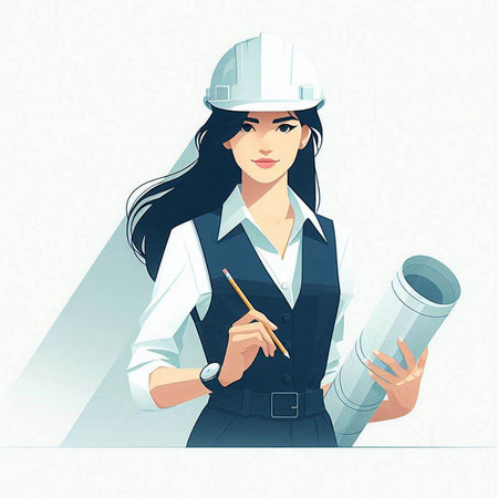 Vector illustration of engineer woman with blueprints in hand on white backgroundのイラスト素材