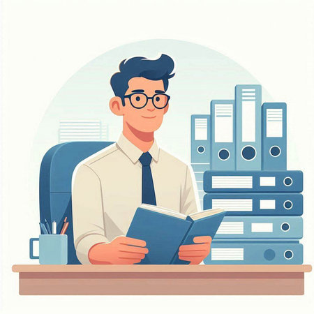 Businessman in office. Vector illustration in a flat style. Businessman sitting at the desk.のイラスト素材