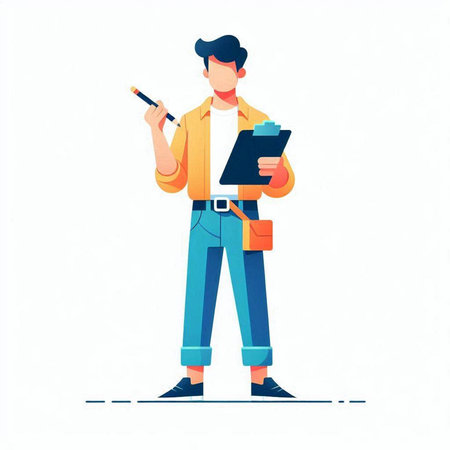 Young man with clipboard and pen. Vector illustration in flat cartoon styleのイラスト素材