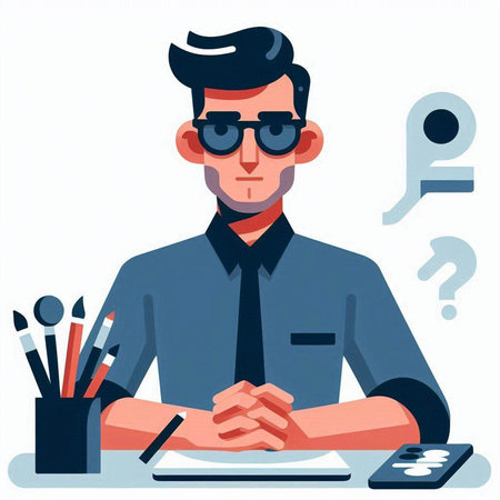 Vector illustration of a young man sitting at the table in office.のイラスト素材