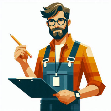 Hipster man with clipboard and pen. Vector illustration in cartoon styleのイラスト素材