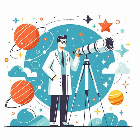 Astronomy, science and research concept. Scientist looking through telescope.のイラスト素材