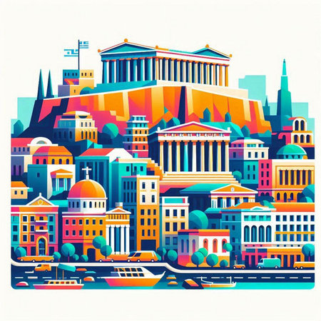 Panoramic view of Athens, Greece. Colorful vector illustration.のイラスト素材