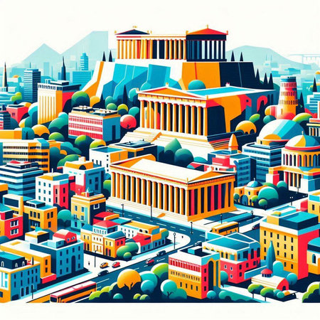 Colorful cityscape with buildings and skyscrapers. Vector illustration.のイラスト素材