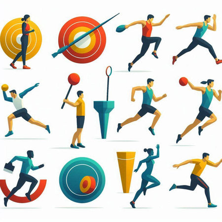 Set of sport icons, vector illustration in flat style. Athlete running, jumping, running, jumping, running, running, running.のイラスト素材