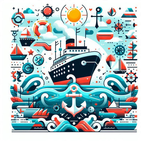 Vector illustration of sea travel background with ships, anchor, steering wheel and other elements.のイラスト素材