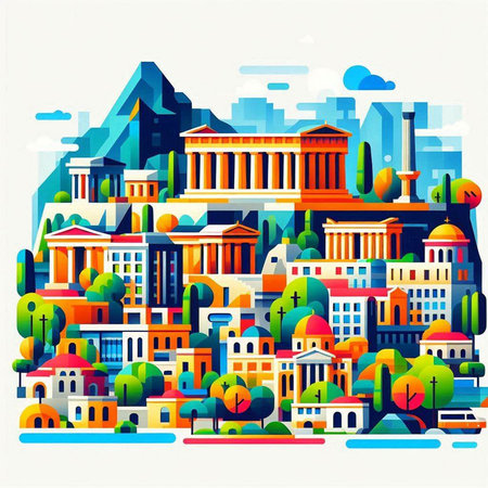 Cityscape of Athens, Greece. Vector illustration in flat style.のイラスト素材
