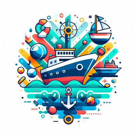 Vector illustration of ship and anchor on colorful background. Sea travel concept.のイラスト素材