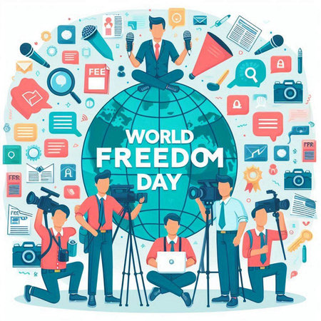 World Freedom Day concept with people and social media icons. Vector illustrationのイラスト素材