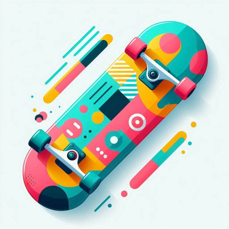 Skateboard on colorful geometric background. Vector illustration. Eps 10のイラスト素材