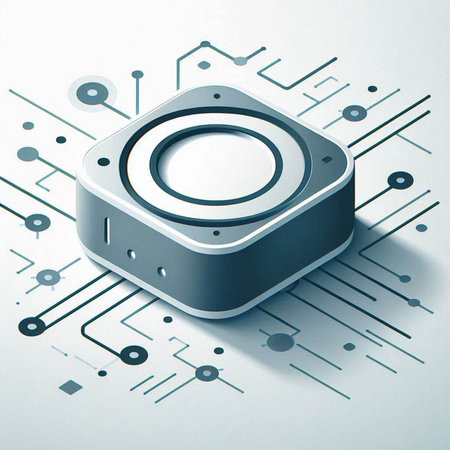 Circuit board with a round button in the center. 3d renderingのイラスト素材