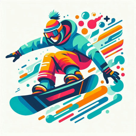 Snowboarder in action, vector illustration. Colorful background.のイラスト素材