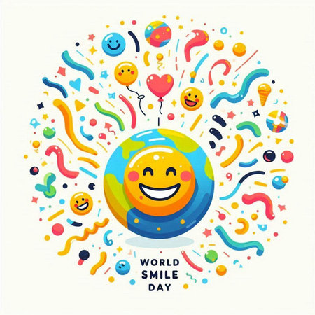 International Day of Happiness. Vector illustration in flat style with planet Earth, balloons and confetti.のイラスト素材