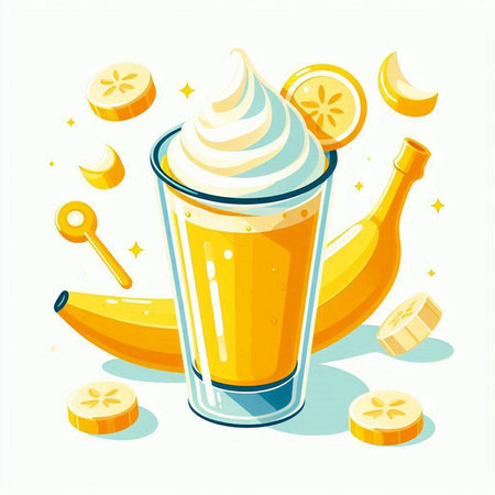 Banana smoothie in a glass with ice cream. Vector illustration.のイラスト素材