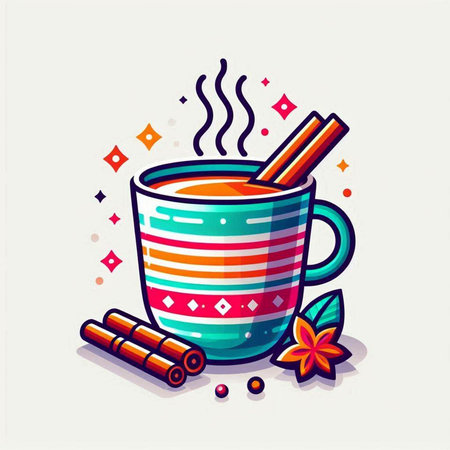 Mug of hot tea with cinnamon, star anise and cloves. Vector illustration.のイラスト素材