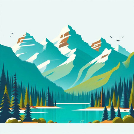 Landscape with mountains, lake and pine trees. Vector illustration.のイラスト素材