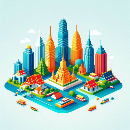 Thailand city isometric vector illustration. Landmarks of Asia.のイラスト素材