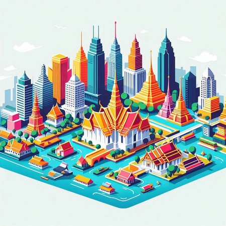 Vector isometric illustration of Bangkok, Thailand. Cityscape with famous landmarks.のイラスト素材