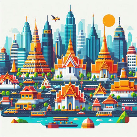 Cityscape of Bangkok, Thailand. Vector illustration in flat style.のイラスト素材