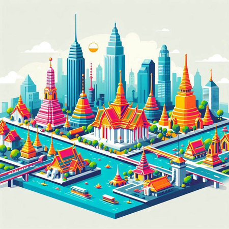 Thailand isometric city with skyscrapers and attractions. Vector illustrationのイラスト素材