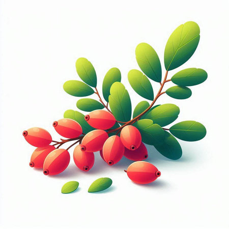 Berries of sea buckthorn with green leaves on a white backgroundのイラスト素材