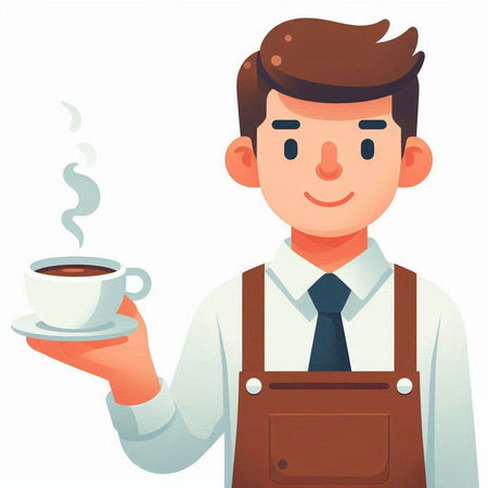 Barista holding a cup of coffee. Vector illustration in cartoon styleのイラスト素材