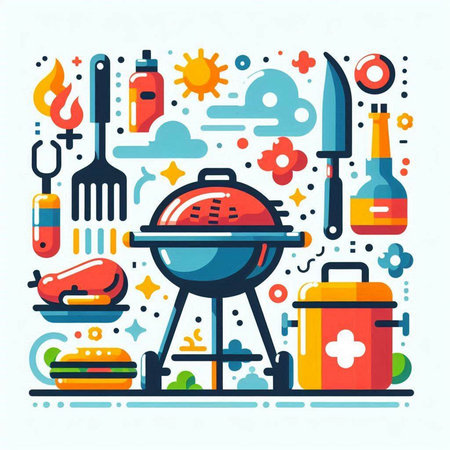 Vector illustration of barbecue, grill, cooking tools and food in flat style.のイラスト素材