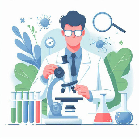 Scientist with microscope in laboratory. Vector illustration in flat style.のイラスト素材