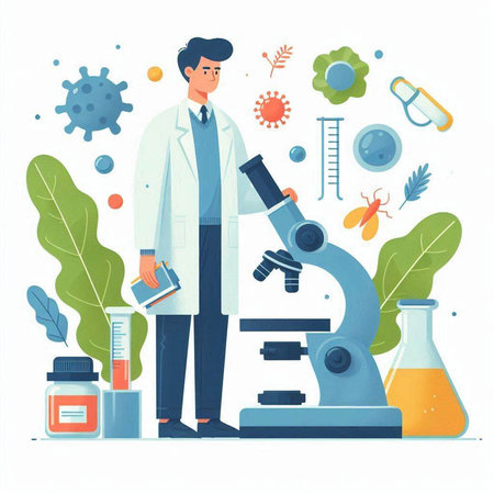 Scientist working in laboratory. Vector illustration in flat cartoon style.のイラスト素材