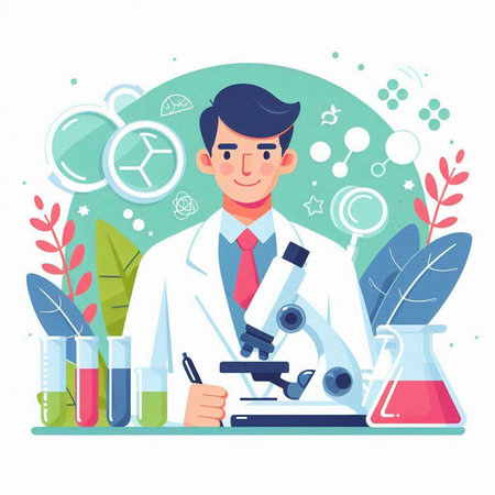 Scientist in white coat with microscope. Vector illustration in flat styleのイラスト素材