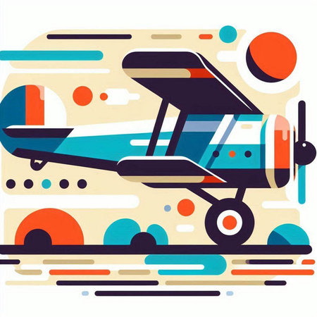 Vector illustration of retro airplane on a background of colored geometric shapes.のイラスト素材