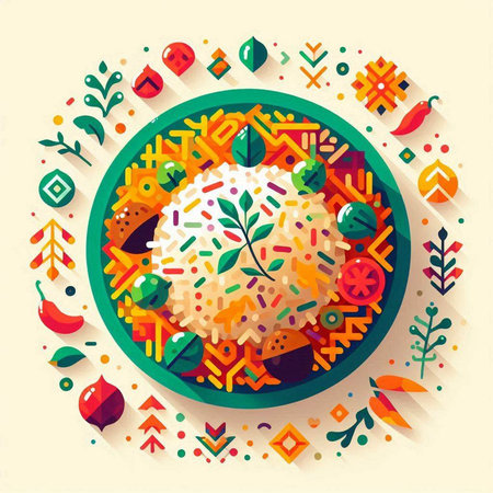 Bowl of rice with traditional mexican food. Vector illustration.のイラスト素材