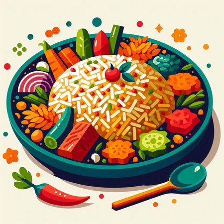 Illustration of a plate of rice with vegetables. Vector illustration.のイラスト素材