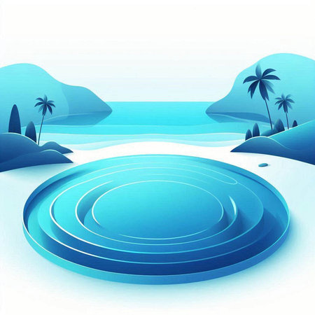 Illustration of a beach with palm trees and blue water in the oceanのイラスト素材