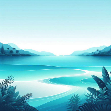 Sea landscape with palm trees and blue sky. Vector illustration for your designのイラスト素材