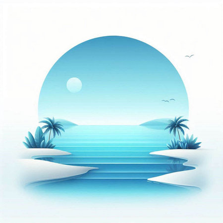 Summer background with palm trees, sea and blue sky. Vector illustration.のイラスト素材