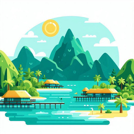 Landscape of tropical island with water bungalows. Vector illustrationのイラスト素材
