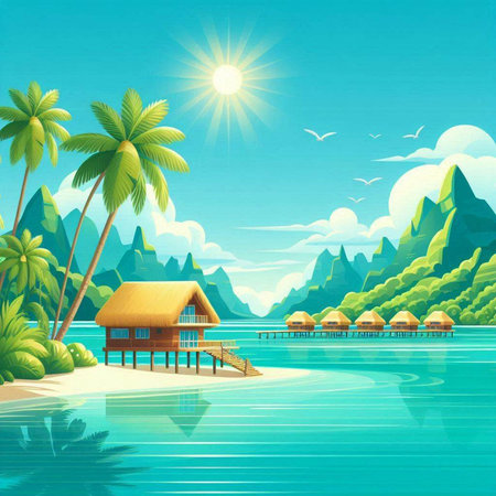 Beautiful tropical island with bungalows on the beach. Vector illustrationのイラスト素材