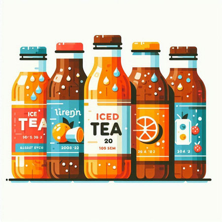 Bottles with fruit juice. Vector illustration in flat cartoon style.のイラスト素材